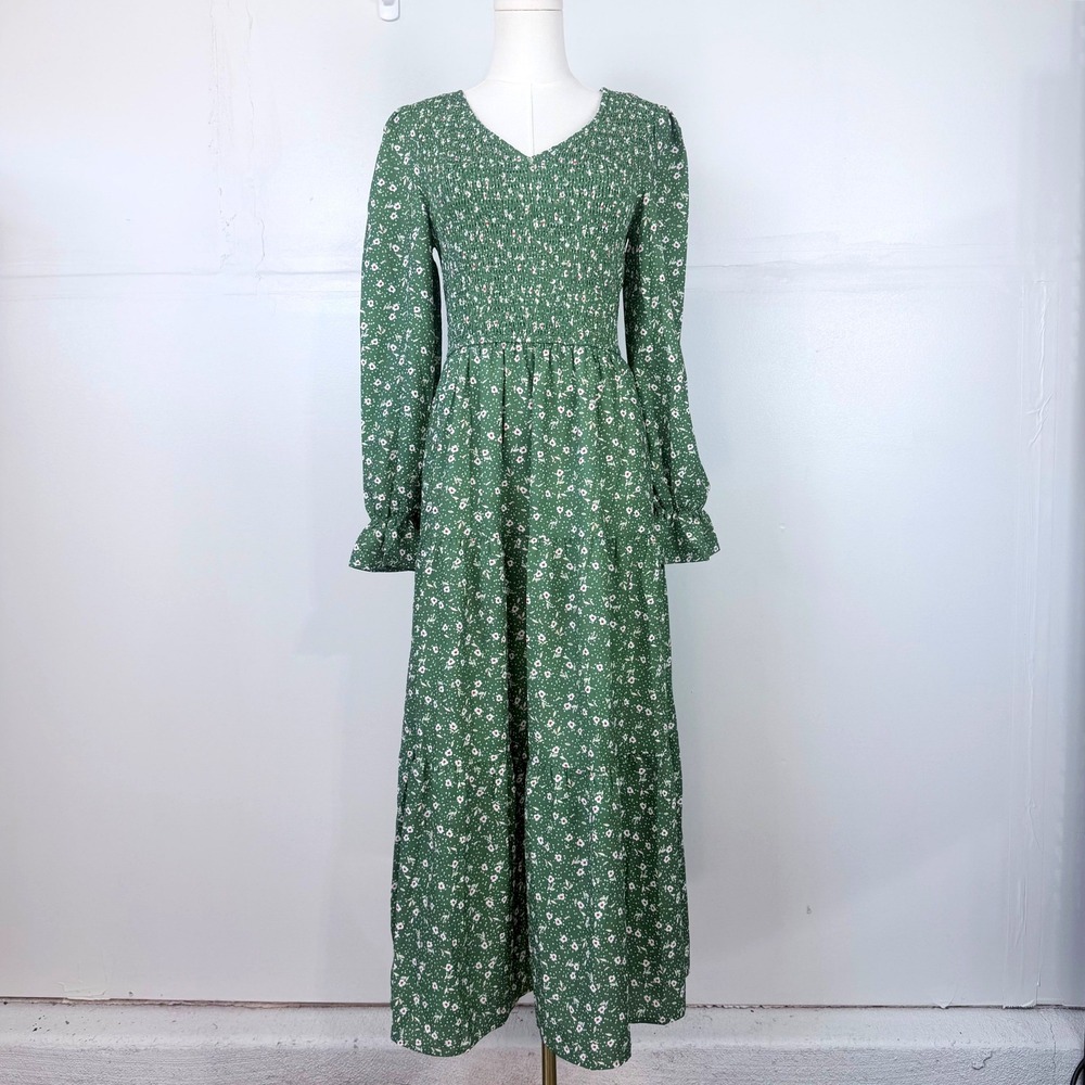 Romantic Green Floral Smocked Bodice Long Sleeve Maxi Dress Cottagecore M